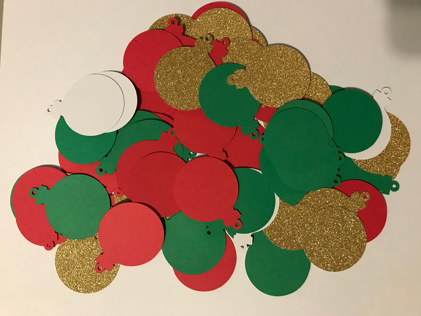 Christmas Ornament Cardstock Die Cuts – Red, Green & Gold Glitter Paper Cutouts for Crafts, Scrapbooking & Holiday Décor (Set of 75)