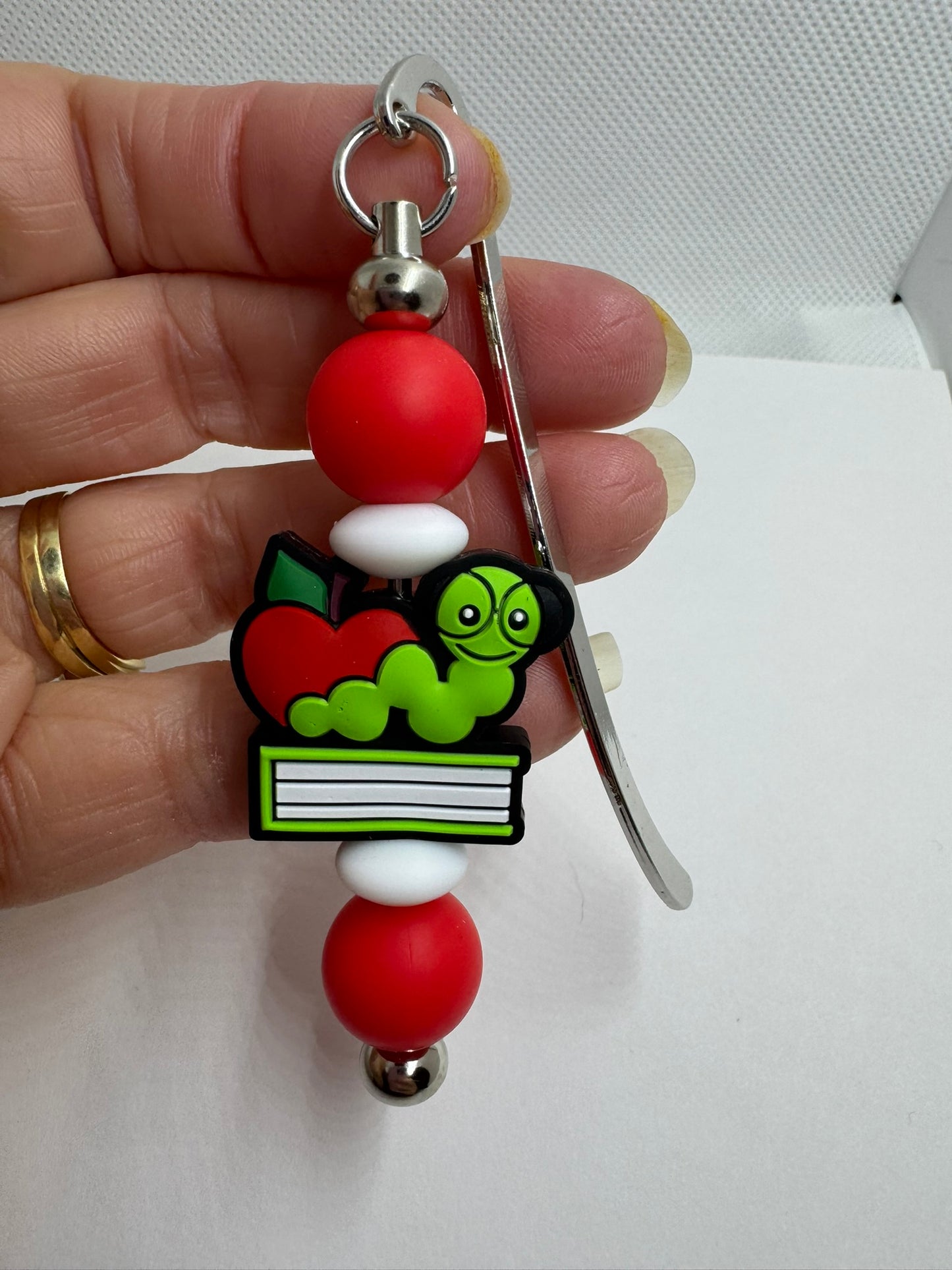 Red Bookworm Bookmark, Reading Accessory, Beaded Metal Bookmark