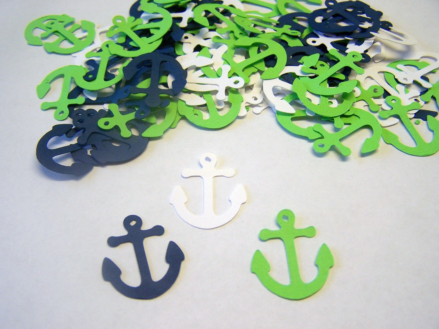 100 Lime Green White Navy Anchor Confetti, Nautical Baby Shower Decorations, Anchor Table Scatter, Coastal Party Decor (Copy)