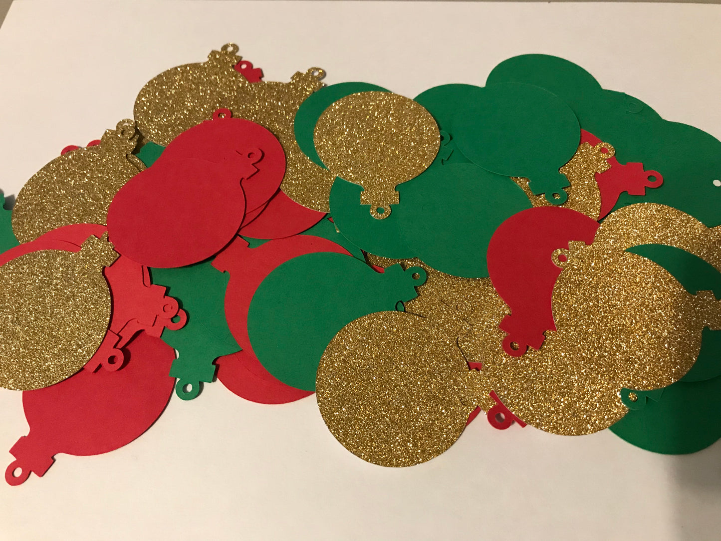 Christmas Ornament Cardstock Die Cuts – Red, Green & Gold Glitter Paper Cutouts for Crafts, Scrapbooking & Holiday Décor (Set of 75)