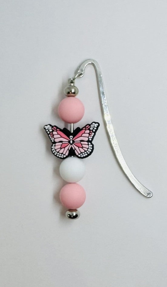 Pink Butterfly Bookmark, Reading Accessory, Beaded Metal Bookmark