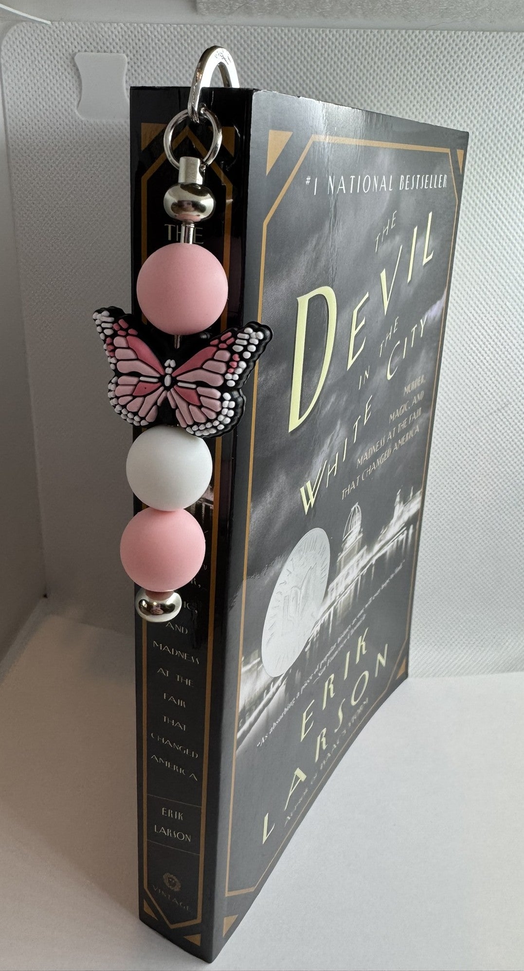 Pink Butterfly Bookmark, Reading Accessory, Beaded Metal Bookmark