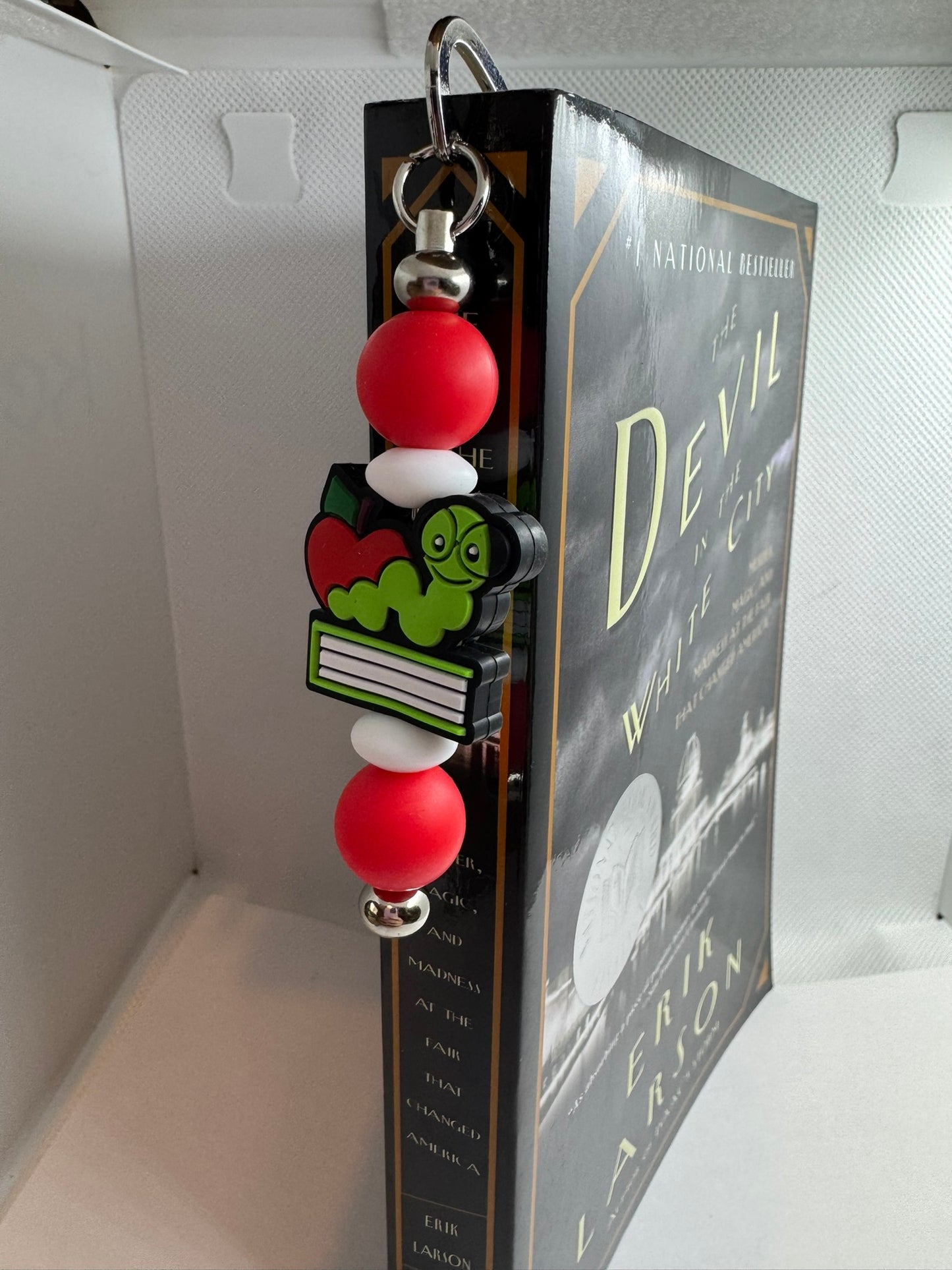 Red Bookworm Bookmark, Reading Accessory, Beaded Metal Bookmark
