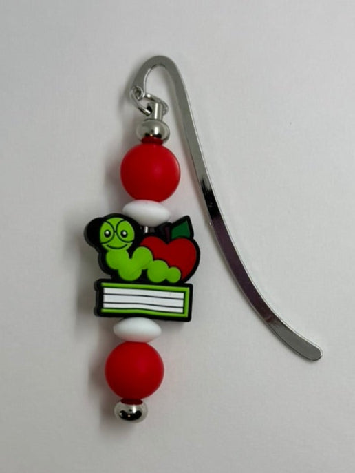 Red Bookworm Bookmark, Reading Accessory, Beaded Metal Bookmark