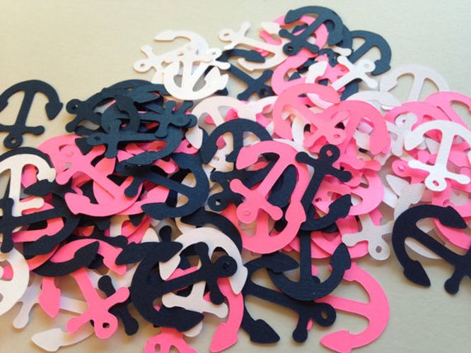 100 Pink White Navy Anchor Confetti, Nautical Baby Shower Decorations, Anchor Table Scatter, Coastal Party Decor