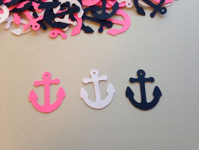 100 Pink White Navy Anchor Confetti, Nautical Baby Shower Decorations, Anchor Table Scatter, Coastal Party Decor