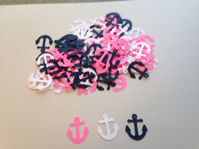 100 Pink White Navy Anchor Confetti, Nautical Baby Shower Decorations, Anchor Table Scatter, Coastal Party Decor